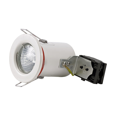 Agni fixed downlight in white with round trim, GU10 lamp fitted, spring clips and mounting bracket with connector visible, 68mm cut-out, shown on a plain white background.