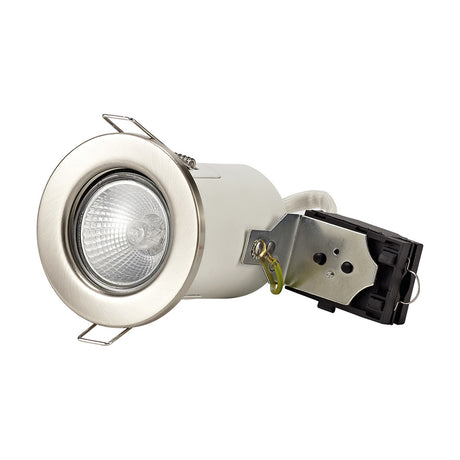Agni Downlight in satin nickel, fixed bezel recessed fitting with GU10 bulb, spring clips, and mounting bracket with cable, shown on a white background.