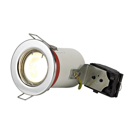 Agni fire-rated downlight in polished chrome with 68mm cut-out, shown at an angle with GU10 lamp lit and mounting clips and junction box visible, on a white background.