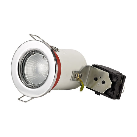 Agni fire rated downlight with polished chrome round trim, GU10 bulb fitted, fixed metal housing and mounting bracket with clips shown, on a plain white background.