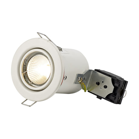 Agni Downlight in white with tilting head, GU10 lamp fitted, 75mm cut-out, showing metal spring clips and mounting bracket, on a plain white background.