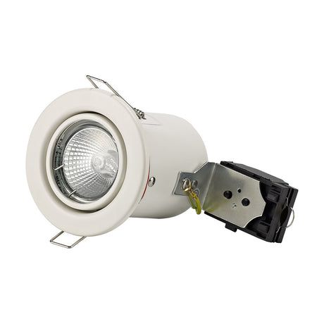 Agni Downlight in white with tilting GU10 head, 75mm cut-out, round bezel and metal housing with mounting clips, shown against a plain white background.