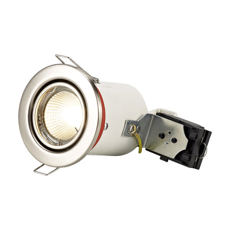 Agni Downlight in satin nickel with tilting GU10 lamp holder, 75mm cut-out, spring clips and attached mains connector, shown on a white background.