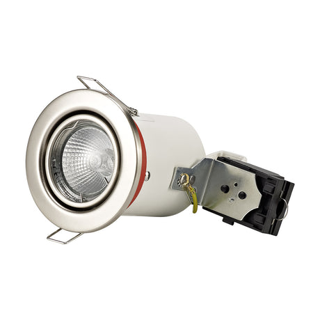 Agni tilting downlight with satin nickel bezel, GU10 lamp fitted, sprung clips, and rear terminal block visible, shown on a plain white background.