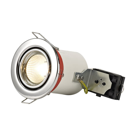 Agni tiltable downlight in polished chrome with round bezel, GU10 lamp fitted, metal body and mounting clip visible, shown on a plain white background.