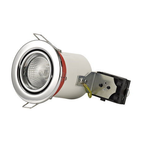 Agni tiltable GU10 downlight in polished chrome with adjustable inner ring, mounting clips and metal fire-rated housing, shown on a plain white background.