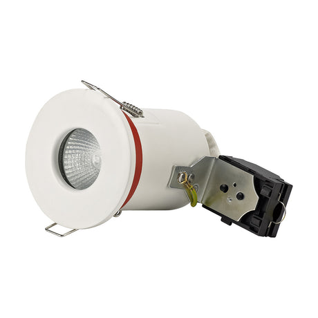 Agni IP65 downlight in white with round metal bezel, GU10 lamp holder, spring clips, and mounting bracket with wired connector, shown on a plain white background.
