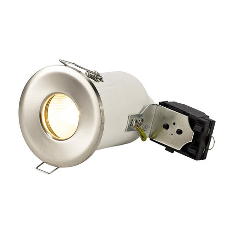 Agni IP65 downlight in satin nickel with round bezel, GU10 lamp lit warm white, and visible metal mounting clip and junction box, shown on a plain white background.