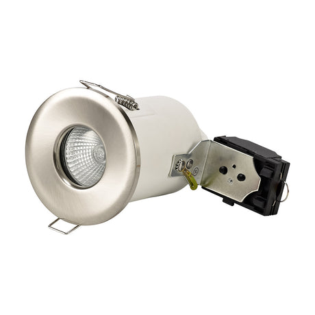 Agni IP65 downlight in satin nickel with 75mm cut-out, shown at an angle revealing the GU10 lamp, spring clips, and rear terminal block on a white background.