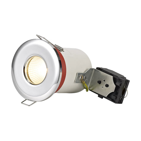 Agni IP65 downlight in polished chrome with round bezel, GU10 lamp lit warm white, shown with spring clips and mounting bracket on a plain white background.