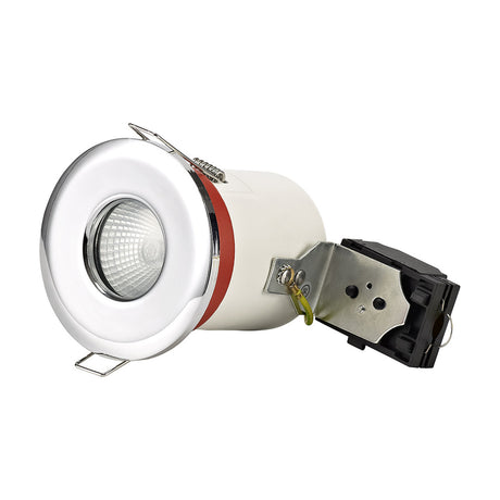 Agni IP65 fixed downlight with polished chrome bezel, GU10 lamp holder, and metal housing with mounting bracket and springs, shown on a white background.