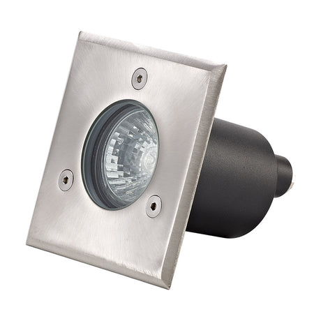 Benecia square recessed outdoor light in stainless steel with clear glass lens, GU10 bulb, four corner screws and black rear housing, shown on a white background.