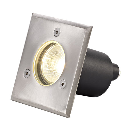 Benecia square recessed outdoor ground light in stainless steel with clear lens, four corner screws, and black GU10 lamp holder, shown on a white background.
