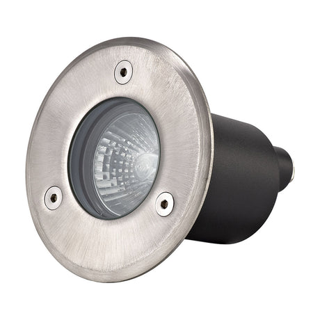 Benecia round outdoor ground light with stainless steel body, clear cover, GU10 bulb, and rear cable connector, shown on a white background.