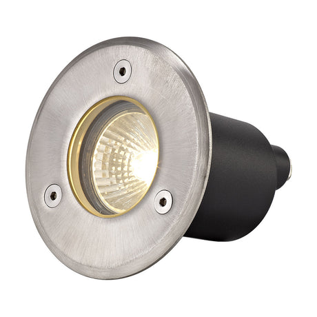 Benecia round in-ground outdoor light, 10cm stainless steel body with clear cover, GU10 LED lit, black mounting stem, on a plain white background.