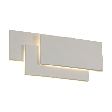 Kiania Rectangular Wall Light in sand white, 26cm long, with three offset staggered panels and integrated LED strips casting a warm white glow along the edges, shown on a plain white background.