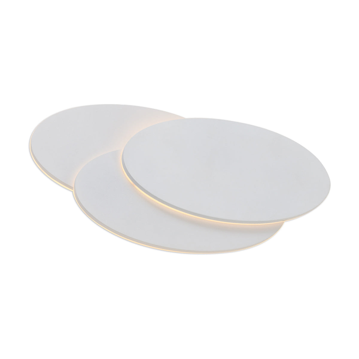 Kiania Oval Wall Light 28cm, three overlapping sand white oval panels with integrated LED edge lighting glowing warm white, shown on a plain white background.