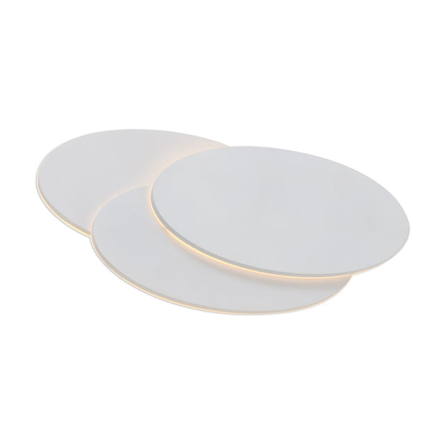 Kiania Oval Wall Light 28cm, three overlapping sand white oval panels with integrated LED edge lighting glowing warm white, shown on a plain white background.