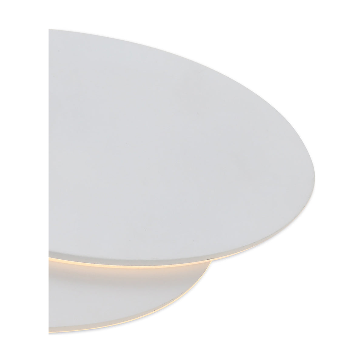 Close-up of the Kiania Oval Wall Light 28cm in sand white, showing the layered oval aluminium body with a warm LED glow beneath the top shade on a plain background.
