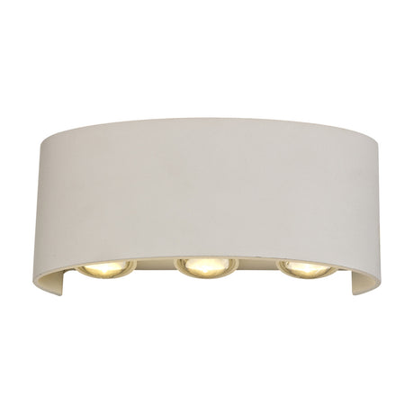 Leoni 17cm outdoor wall light in sand white aluminium, curved half-cylinder shade with three visible LED lenses casting warm white light, shown on a plain white background.