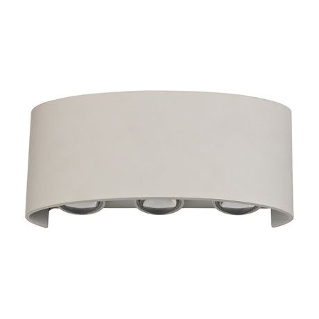 Leoni 6W IP54 outdoor wall light in sand white, a compact curved aluminium fixture with three visible clear lenses, shown on a plain white background.