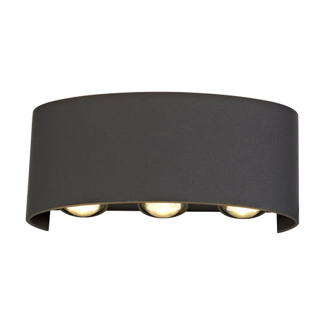 Leoni 6W IP54 outdoor wall light in anthracite, curved half-cylinder design with three visible integrated LEDs and clear diffusers, shown on a plain white background.