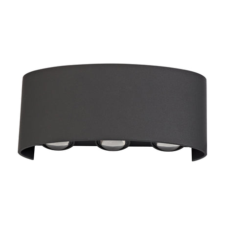 Leoni 6W IP54 outdoor wall light in anthracite, a curved rectangular aluminium fixture with three integrated LEDs behind clear diffusers, shown on a plain white background.