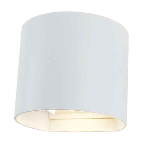 Ottawa IP54 outdoor wall light in sand white aluminium, an oval up-down design with an integrated LED strip glowing warm white along the base, shown on a plain white background.