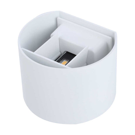 Ottawa outdoor wall light in sand white aluminium, rounded rectangular housing shown open to reveal the integrated LED module and internal baffle, on a plain white background.