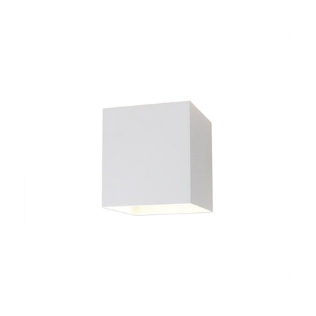 Delia 6W IP54 Outdoor Wall Light, a compact 10cm cube in sand white aluminium with clear shades top and bottom, shown on a plain white background.
