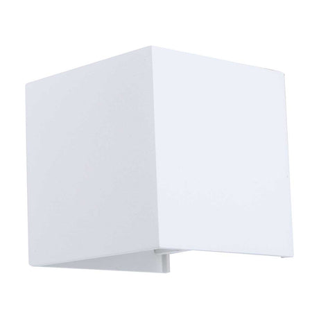 Delia 6W IP54 outdoor wall light, a compact sand white cube-shaped fixture with clear shade edges, shown at an angle on a plain white background.