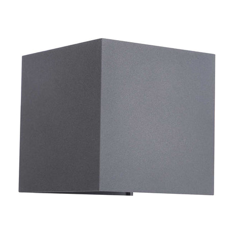 Delia 6W IP54 outdoor wall light in anthracite, a compact cube-shaped aluminium fixture with up-and-down light diffusers, 10cm square, shown on a plain white background.