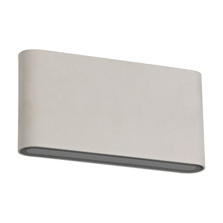 Contour 6W IP54 outdoor wall light in sand white, slim rectangular aluminium body with a frosted glass diffuser strip, shown against a plain white background.