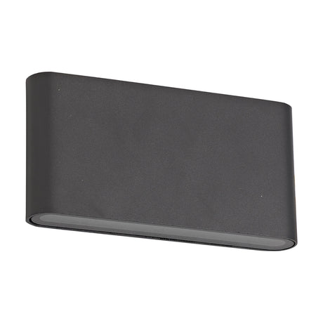 Contour 6W IP54 outdoor wall light in anthracite, a slim rectangular aluminium fixture with frosted glass strips along the top and bottom edges, shown at an angle on a plain white background.