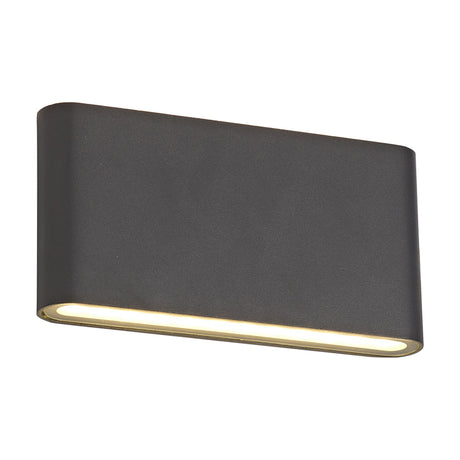 Contour 6W IP54 outdoor wall light in anthracite, 17.5cm rectangular aluminium body with frosted glass diffuser casting warm white light, shown on a plain white background.