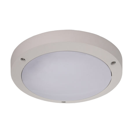 Daru E27 IP54 outdoor wall light, 27cm round bulkhead in sand white with opal white diffuser, shown on a plain white background.