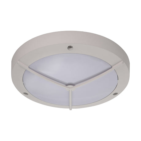 Daru E27 IP54 round outdoor bulkhead wall light in sand white, 27cm aluminium frame dividing an opal white diffuser into quarters, shown on a plain white background.