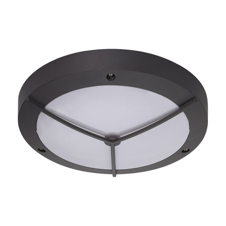 Daru E27 IP54 round outdoor wall light, 27cm, anthracite frame with tri-spoke design and opal white diffuser, shown on a plain white background.