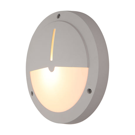 Daru IP54 Eyelid Outdoor Wall Light in sand white, round 27cm bulkhead with curved eyelid hood over an illuminated opal diffuser, shown on a plain white background.