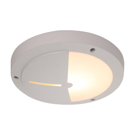 Daru IP54 Eyelid Outdoor Wall Light in sand white, round 27cm bulkhead with curved eyelid hood over an opal diffuser, visible fixing screws, shown lit against a plain white background.