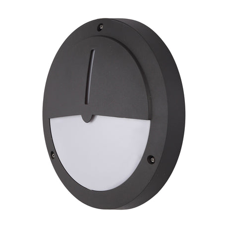 Daru IP54 Eyelid Outdoor Wall Light in anthracite, 27cm round bulkhead with hooded upper shroud and opal white diffuser, aluminium finish, shown on a white background.