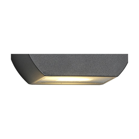 Lucina IP54 outdoor wall light in anthracite aluminium, close-up of the compact rectangular body with a clear lens strip emitting warm white LED light, shown on a plain white background.