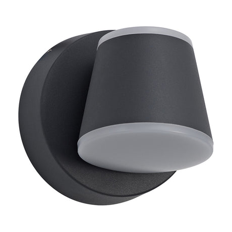 Oahu 12W IP54 outdoor wall light in anthracite, a round cone-shaped fixture with white diffuser panels top and bottom, shown on a plain white background.