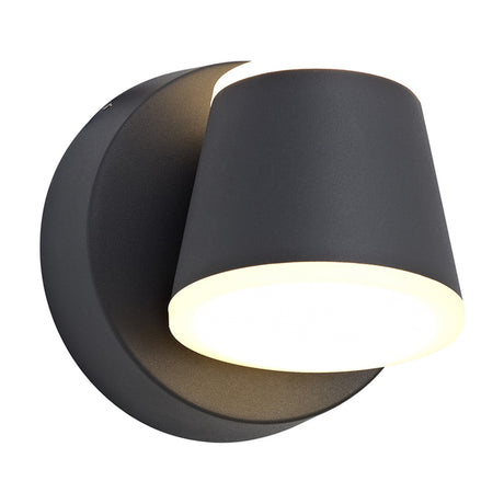 Oahu 12W IP54 outdoor wall light in anthracite, a round cup-shaped fixture with an angled opening revealing a warm white opal diffuser, shown on a plain white background.