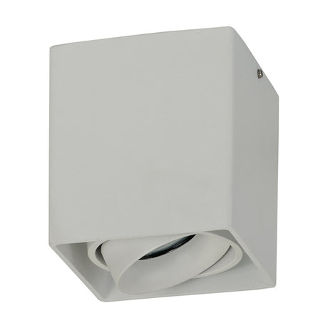 Stom GU10 Spotlight in sand white, a square 95mm aluminium ceiling fixture with an adjustable tilting head, shown on a plain white background.