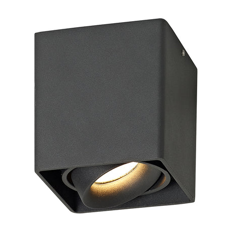Stom GU10 Spotlight in sand black, a square aluminium ceiling fixture with a tilting, swivelling round head, shown on a plain white background.