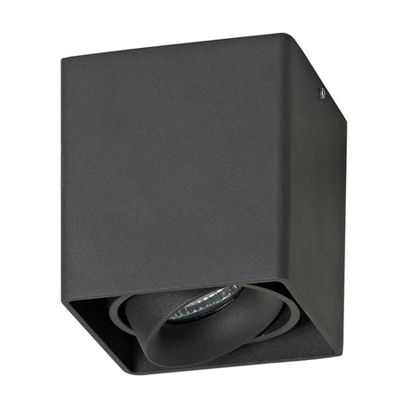 Stom GU10 Spotlight 95mm surface-mounted square head in sand black aluminium finish, shown at an angle with tilting GU10 lamp holder on a plain white background.