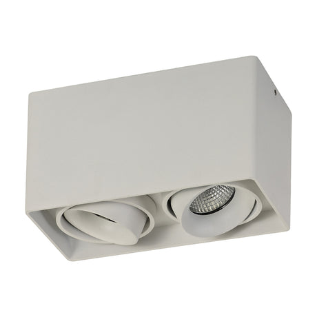 Stom 2 Light GU10 Spotlight in sand white, a rectangular aluminium ceiling plate with two adjustable heads and visible bulbs, shown on a plain white background.