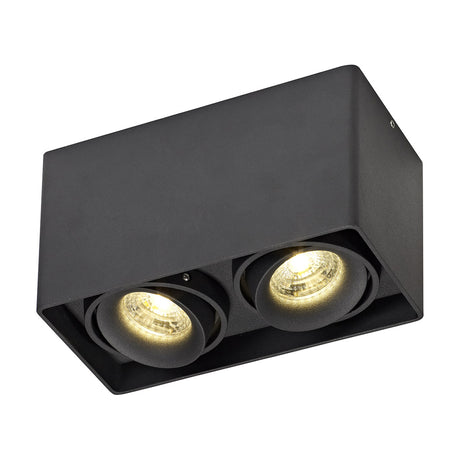 Stom 2 Light GU10 Spotlight in sand black, rectangular aluminium backplate with two independently adjustable heads, shown on a plain white background.