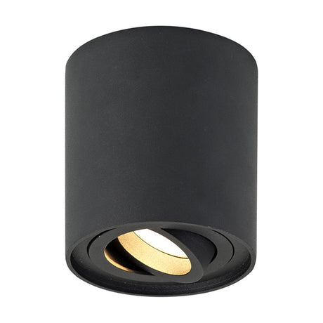 Rico GU10 Spotlight in Sand Black, a cylindrical aluminium ceiling fixture with a round base and adjustable tilting, swivelling head, shown on a plain white background.